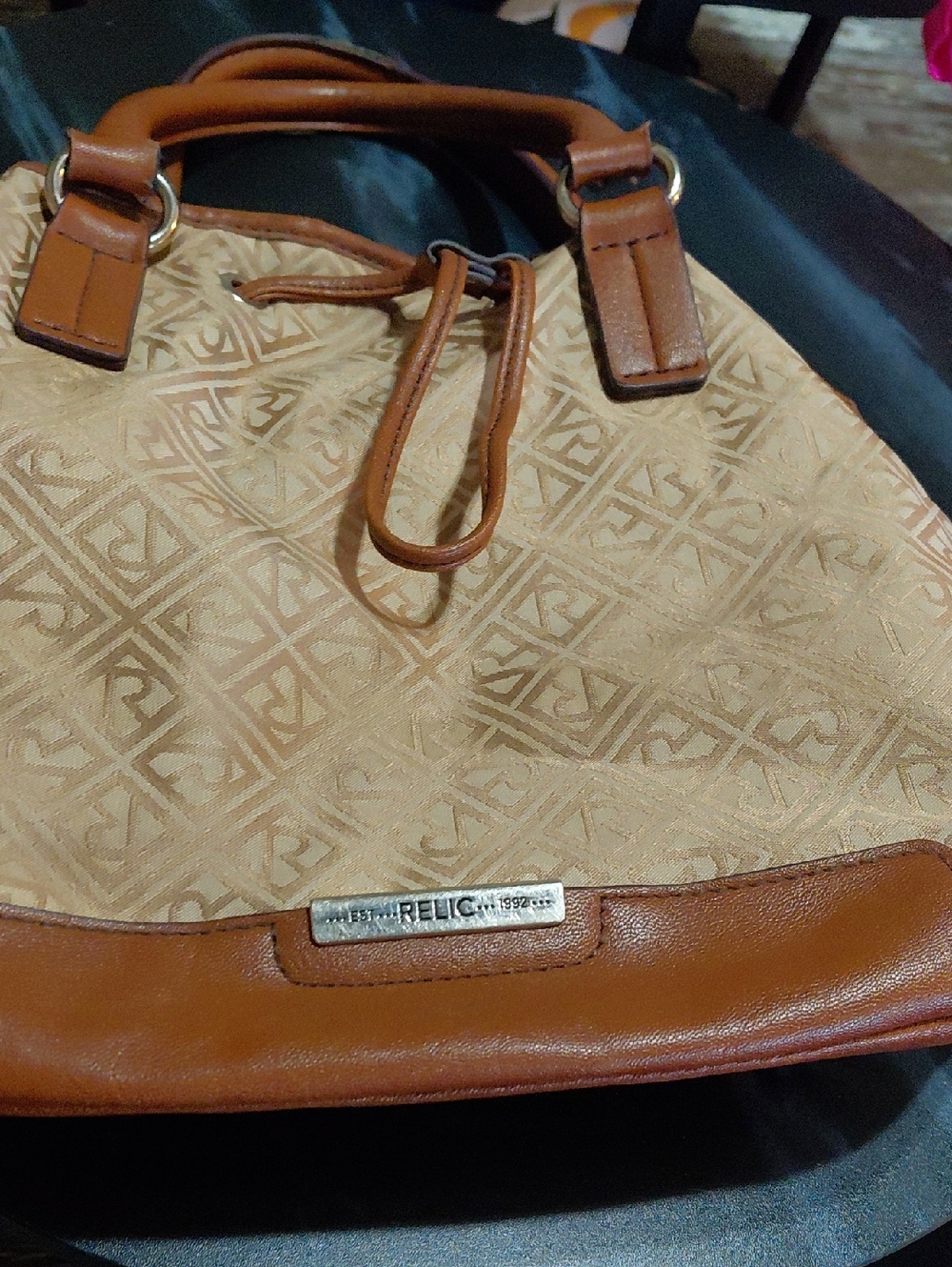 Relic Tan Patterned Tote with Leather Trim